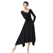 Women Modern Dance Long Dress  Solid Ice Silk Practice Clothes Big U Collar Irregular Split Hemline Folk Dancer Worship Costume