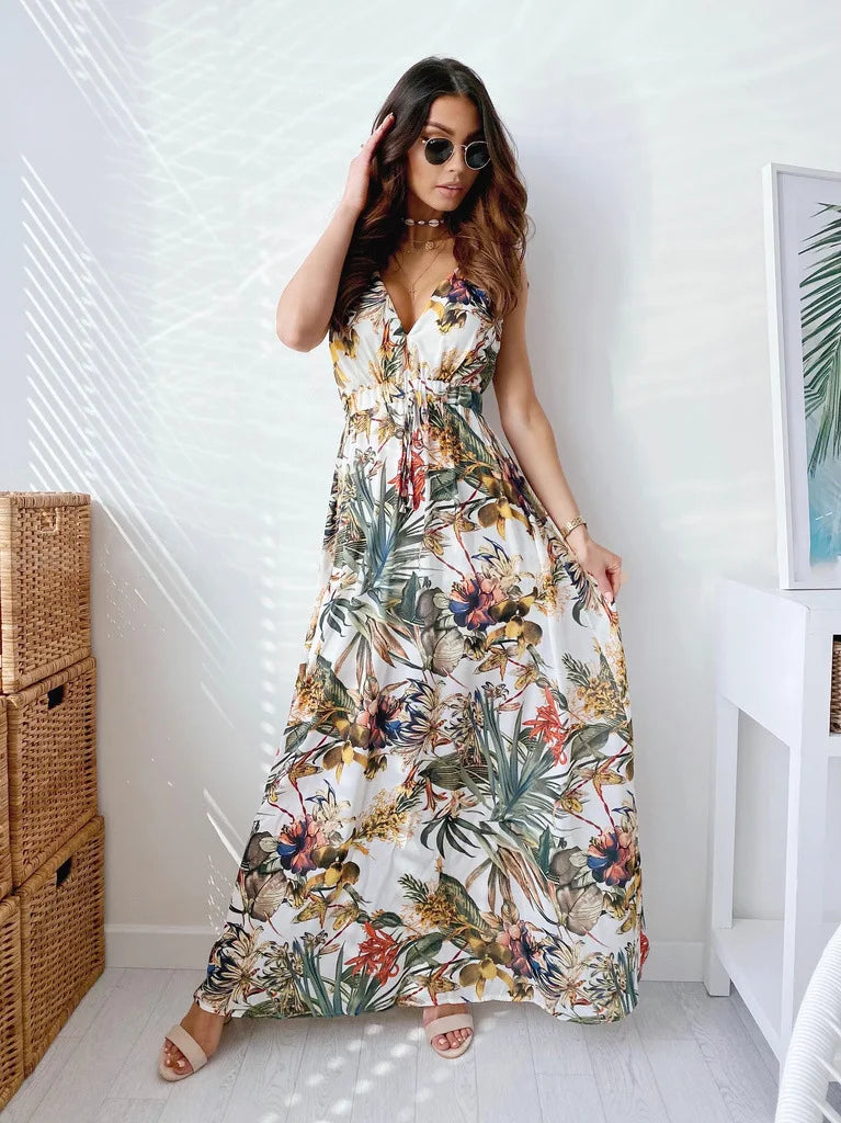 Women's Print Dress Fashion V-Neck Sleeveless High Waist Loose Dresses Robe Femme Casual Party Holiday Dresses For Women Summer