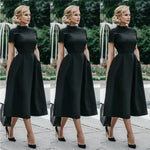 Load image into Gallery viewer, Women Elegant Black Dress Half High Collar High Waist A-Line Dresses Slim Fit Midi Dress Office Lady Female Solid Vestidos Robe