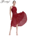 Load image into Gallery viewer, Women Adult Lyrical Dance Dress Modern Contemporary Costume Sparkly Rhinestones Ruched Asymmetrical Hem Ballet Dancewear