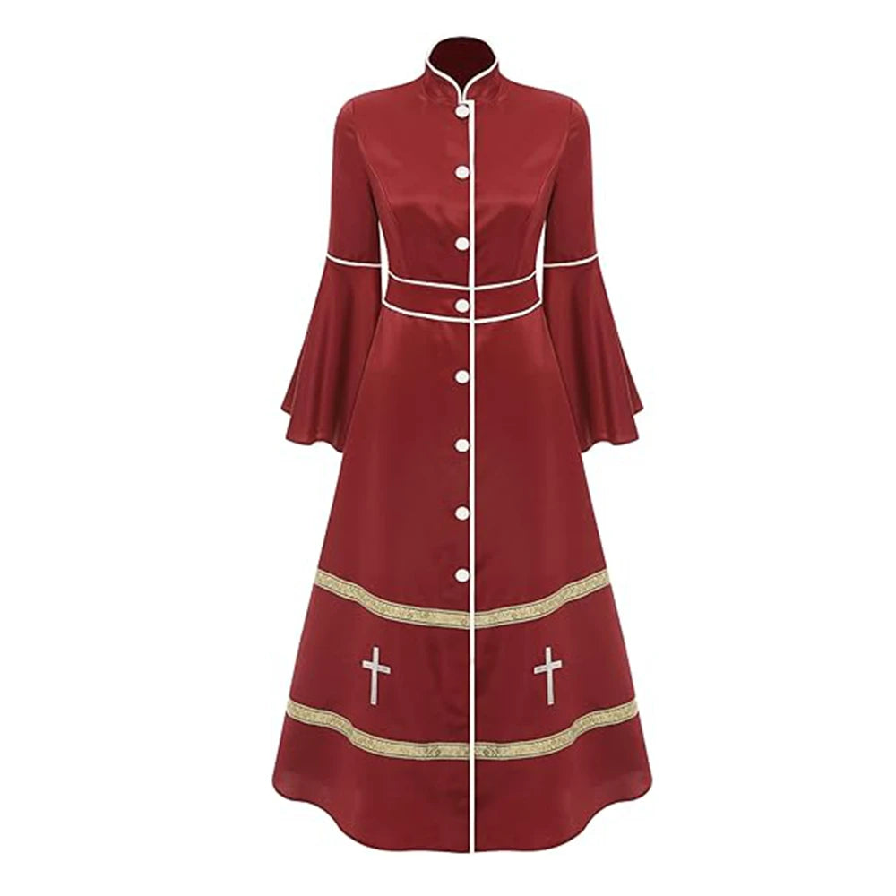 Women Stand Collar Long Sleeve Buttons Church Clergy Robe Gown Dress Priest Costume Robes