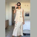 Load image into Gallery viewer, 3D floral Embroidered women's midi dress square neck sleeveless pleated Peplum satin vestidos 2026 new early autumn lady dresses