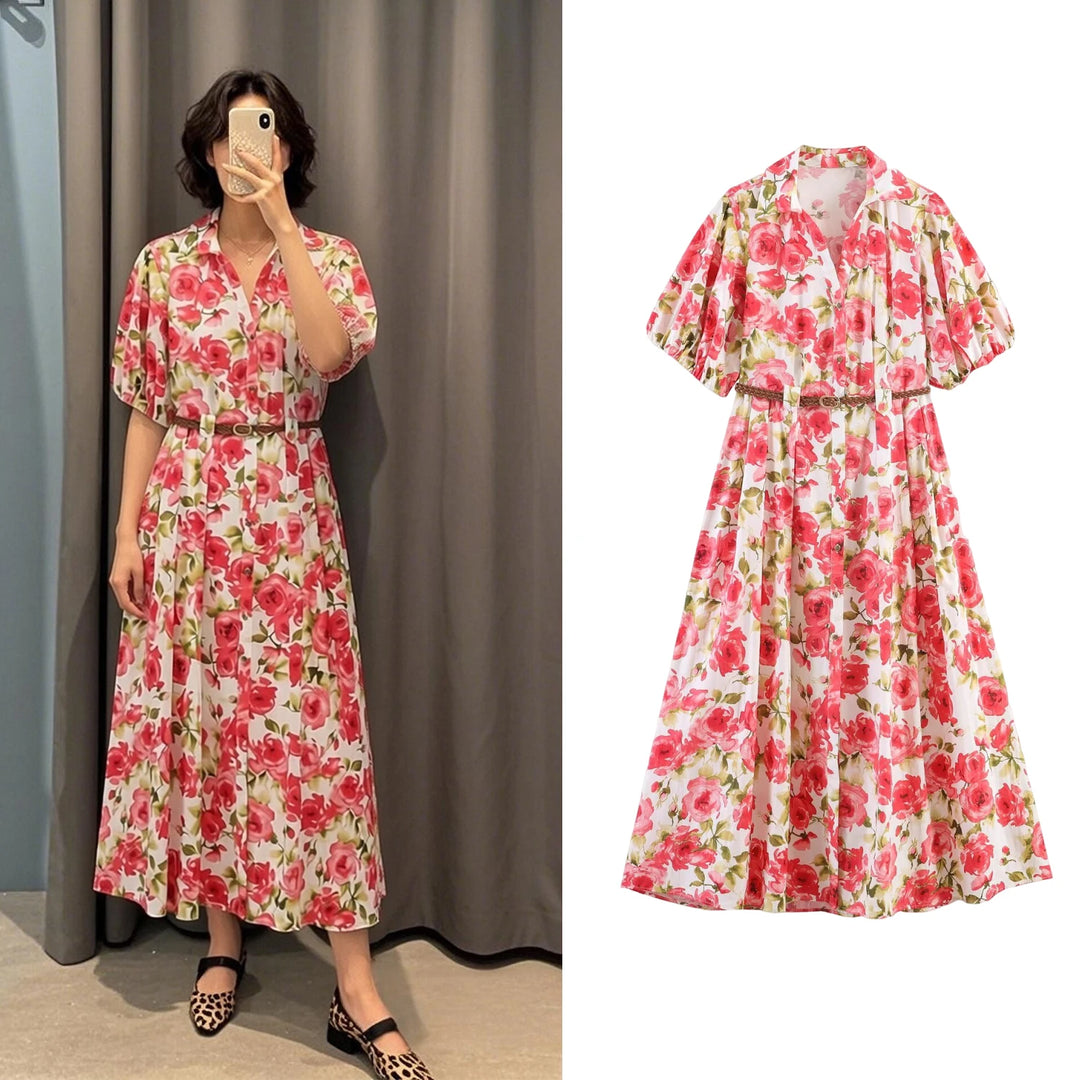 Women's Dresses Summer Female Fashion Floral Print Slim Dress With Belt Lady Chic High Waist V-Neck Bubble Short Sleeved Dress