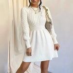 Load image into Gallery viewer, Knitted Dress Women 2025 Autumn Winter New Waist-tied Round Neck Ribbed Pattern Dress