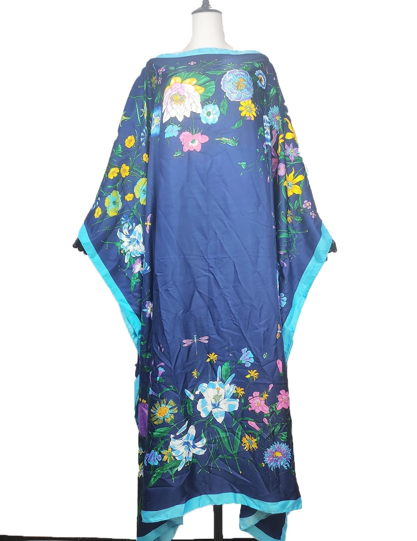 African Dress For Women Elegant Floral Summer Twill Silk Kaftan Maxi Dress Boho Sexy lady Beach Wear Caftan Dubai Muslim Ramadan