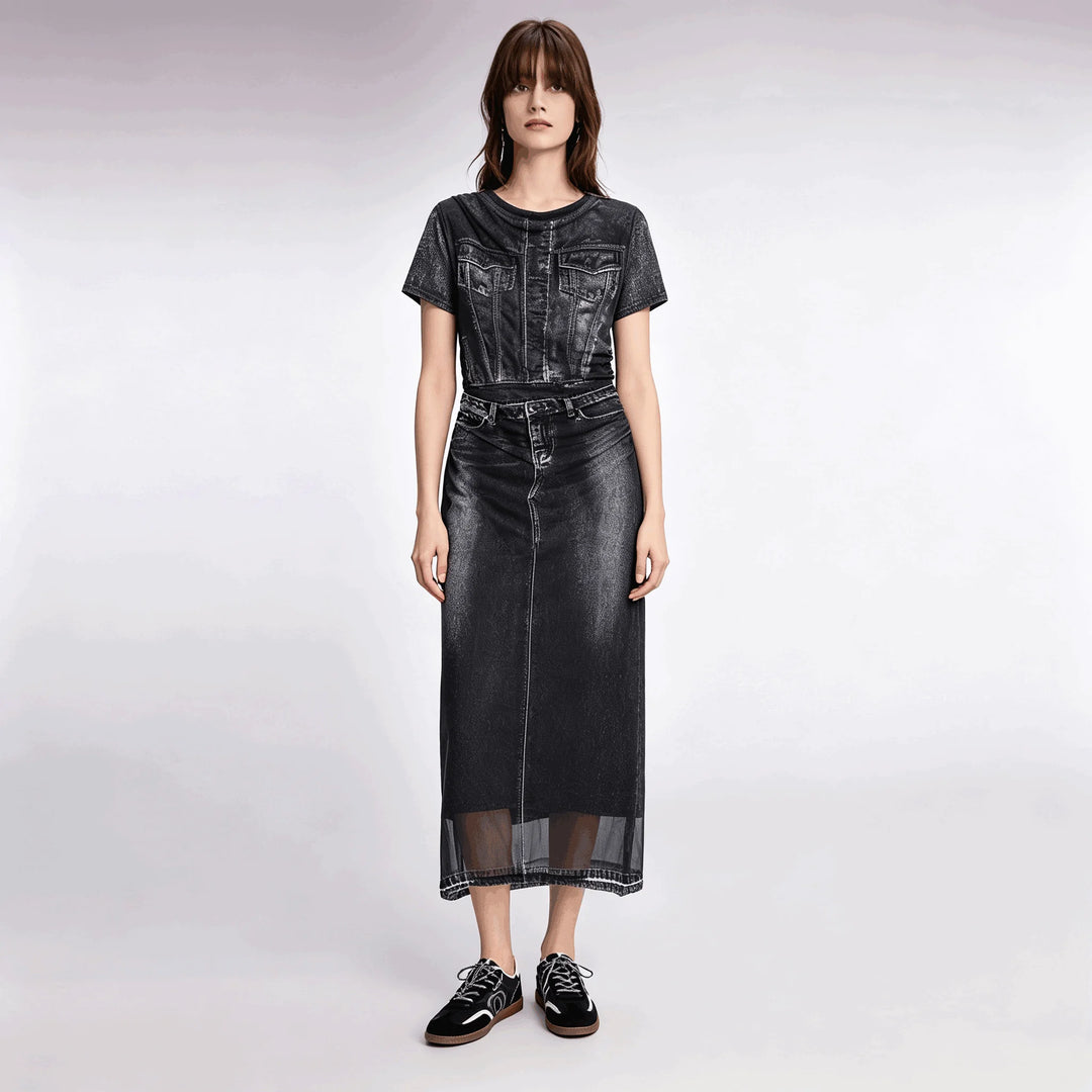 European, American and Spanish original single women's dress with printed elastic splicing light luxury long skirt new product