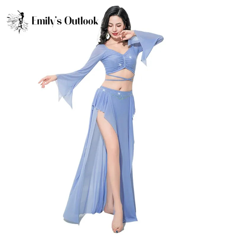 Women Adult Costumes  Horn Long Sleeve Oriental Dance Dress Sparkle Rhinestone Shine Skirt Sexy Side Split Carnival Fantasy New