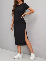 Load image into Gallery viewer, Women's Elegant Summer Dress with Round Neck and Slit Hem, Suitable for Daily Work, Casual Wear, Shopping, Parties, and Concert Outfits