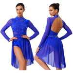 Load image into Gallery viewer, Womens Gymnastics Lyrical Ballet Dance Glittery Rhinestone Dress Ruched Backless Leotard Dresses Contemporary Dance Costumes
