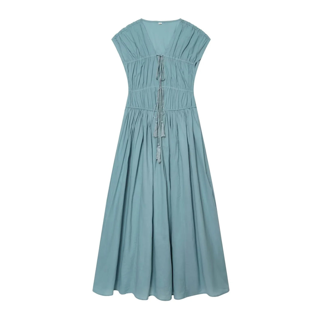 Women's Dress 2026 Summer European Style Deep V Sleeveless Pleated Elegant Chic Drawstring Street Fashion Women's Dress