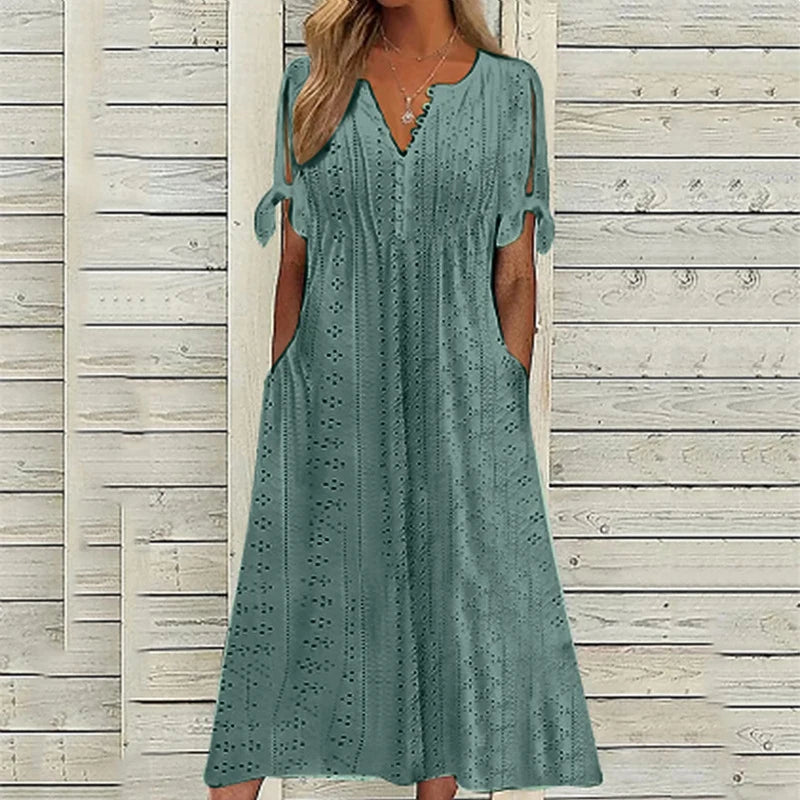 New women's dress, with slits and open V-neck, lace ruffles, elegant mid-length women's casual party dress