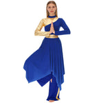 Load image into Gallery viewer, Women Worship Liturgical Dance Performance Costume Lyrical Dresses 2pcs Long Sleeve Asymmetrical Hem Dress with Wide-Leg Pants