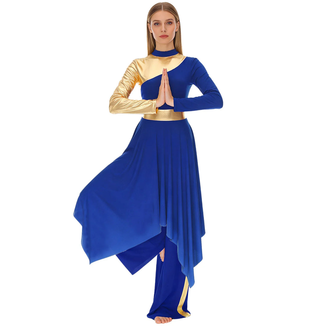 Women Worship Liturgical Dance Performance Costume Lyrical Dresses 2pcs Long Sleeve Asymmetrical Hem Dress with Wide-Leg Pants