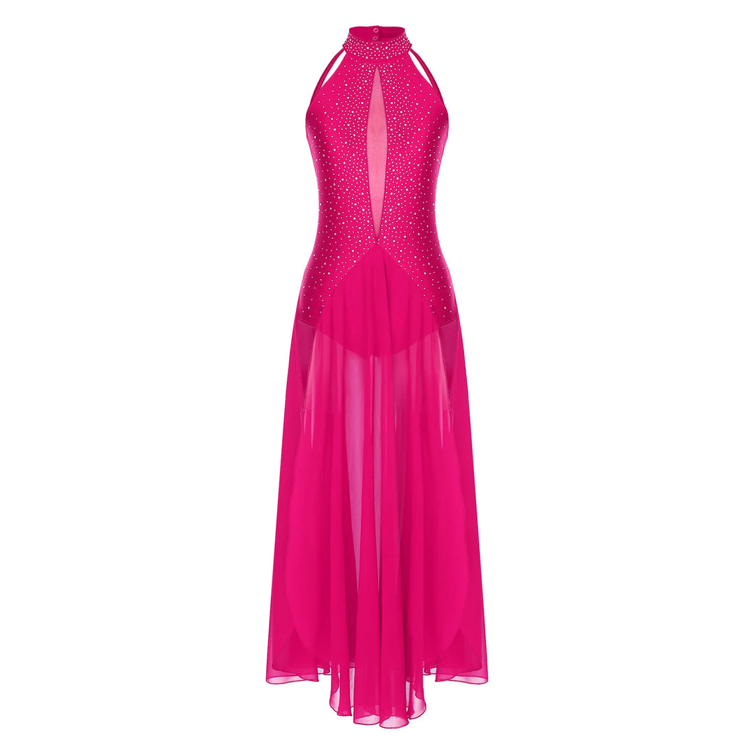 Women Lyrical Dance Dress Modern Contemporary Dancewear Halter Strappy Back Rhinestones Split Dress for Performance Competition