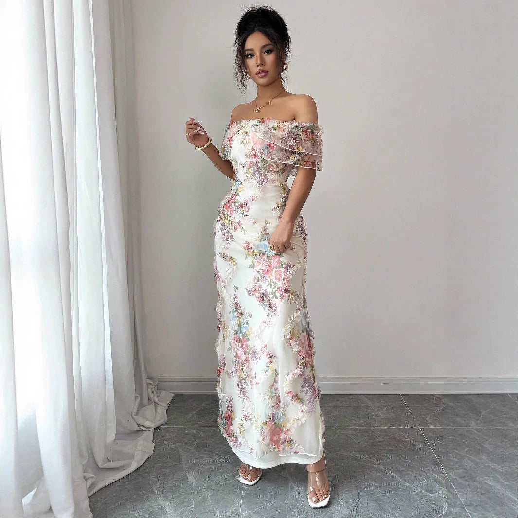 Women's Dresses Elegant and Romantic Ruffled Dress Ladies Sexy Off-the-Shoulder Fitted Mesh Floral Dress Party Gown for Female