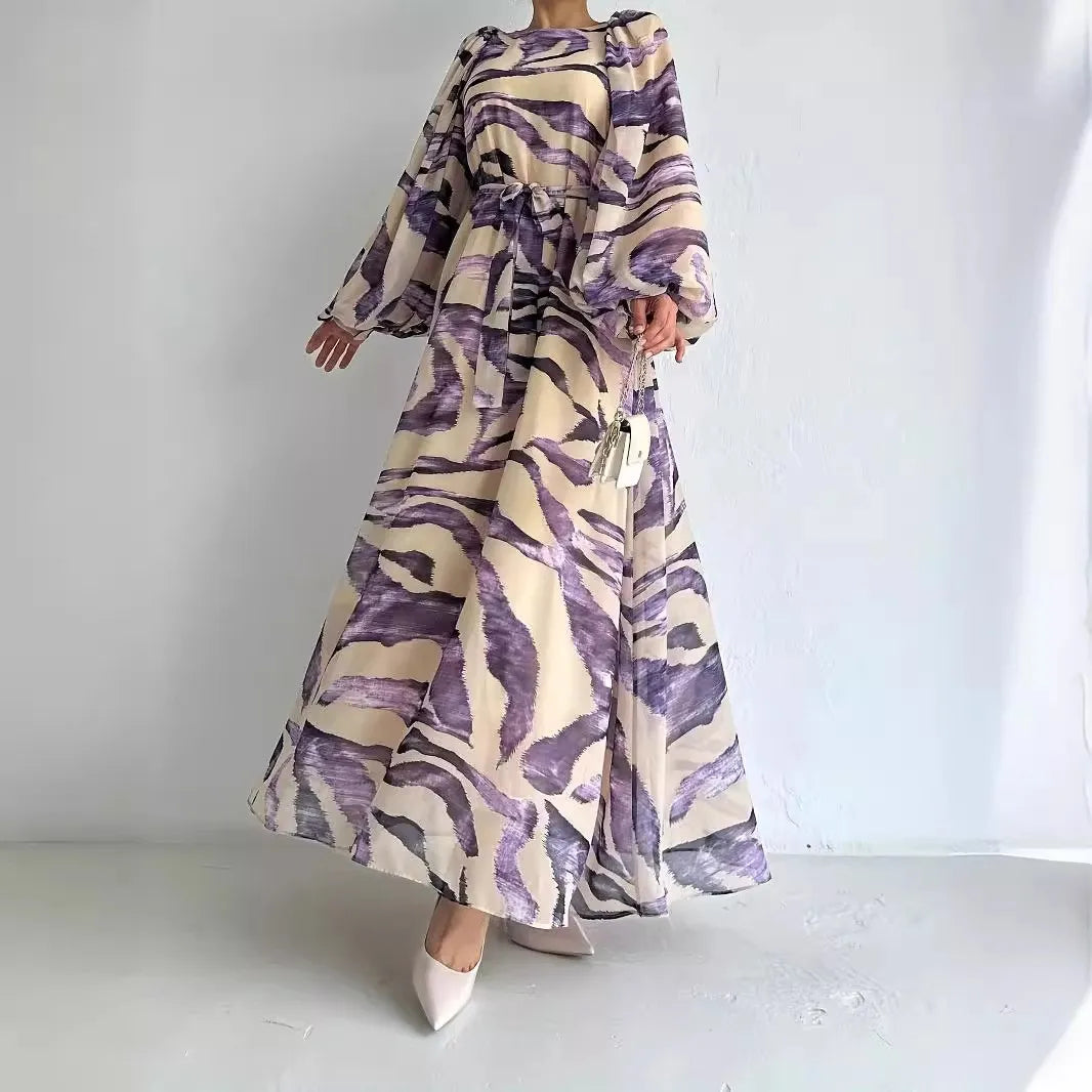 Muslim Women's Dress Casual Fashion Middle Eastern Chiffon Round Neck Tie-Dye with Belt Long Temperament Elegant Arab Dress