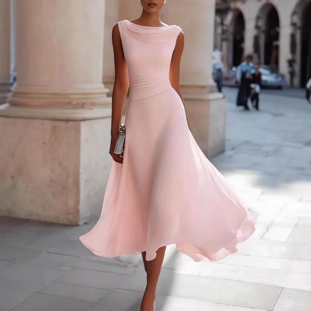 Women Draped Cowl Neck Sleeveless Waist Ruched Midi Dress Elegant Formal Wedding Guest Swing Dress