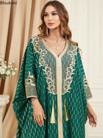 Load image into Gallery viewer, Muslim Dresses Women Elegant Long Robe Middle East Dubai Loose Abaya Bat Sleeve V-neck Tassel Evening Dress Femme Party Vestidos