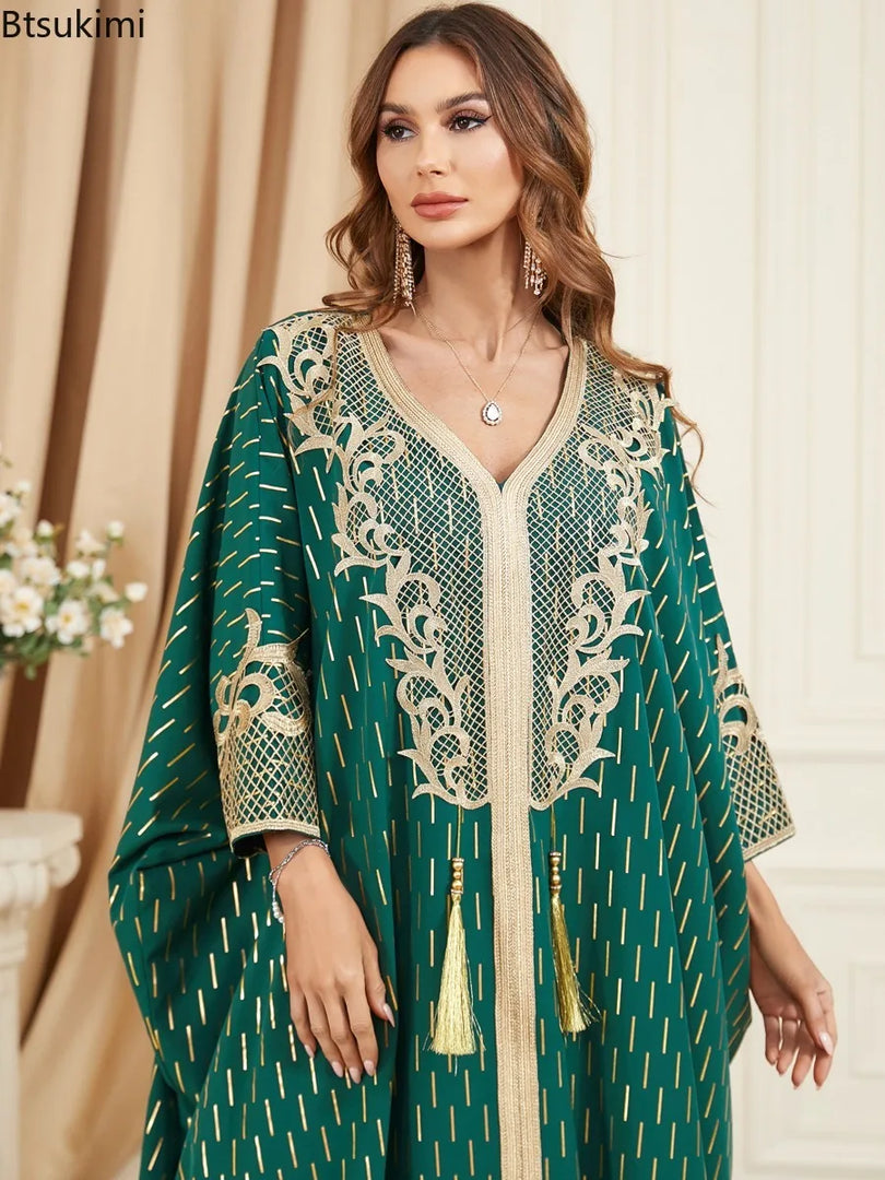 Muslim Dresses Women Elegant Long Robe Middle East Dubai Loose Abaya Bat Sleeve V-neck Tassel Evening Dress Femme Party Vestidos