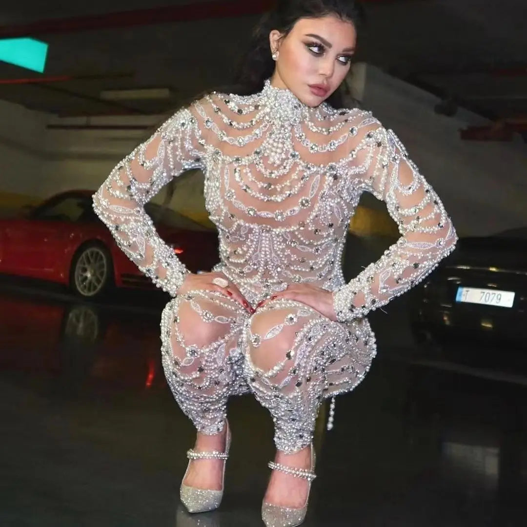 2025 new European and American women's dress is slimming and form-fitting, with see-through sequins and sexy one-piece trousers