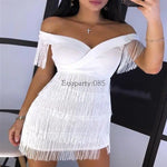 Load image into Gallery viewer, Women Evening Dresses Sexy Big V Neck One-shoulder Fringed Skirt Ladies Temperament Slim Dress Short Sleeve Club Dress Vestidos