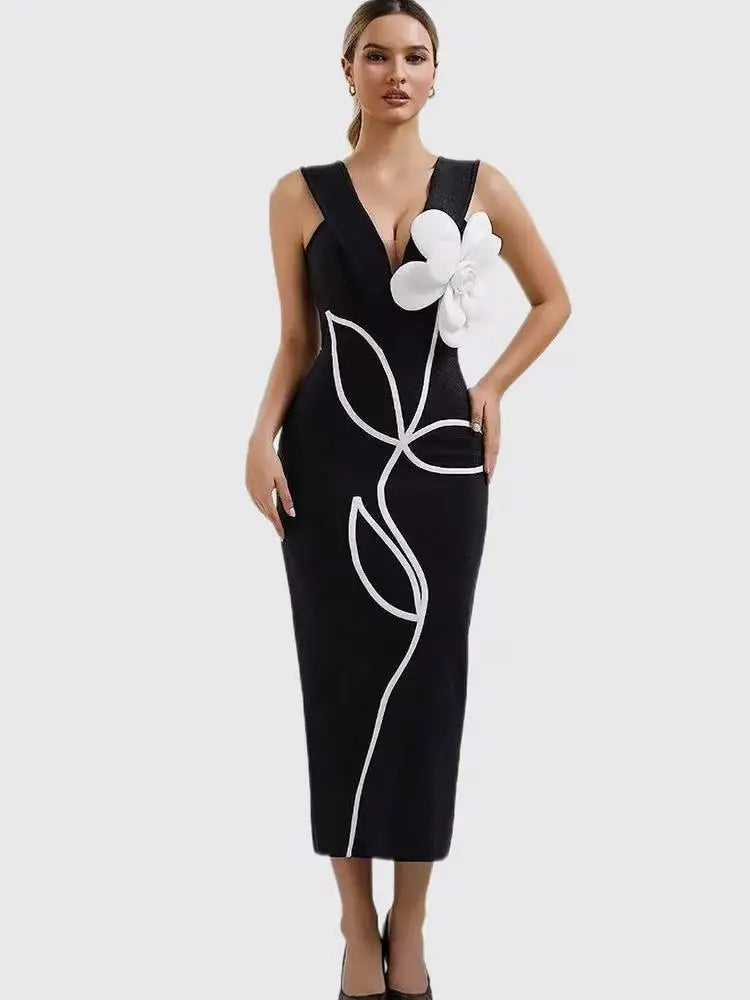 Women's Evening Dresses Sexy Strapless Tie White Flowers Bodycon Bandage Long Dresses Elegant Party Birthday Dresses