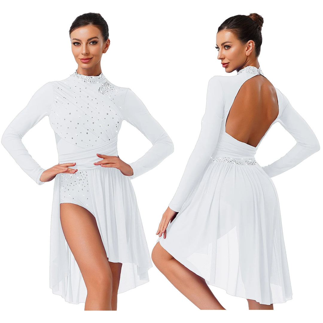 Womens Gymnastics Lyrical Ballet Dance Glittery Rhinestone Dress Ruched Backless Leotard Dresses Contemporary Dance Costumes