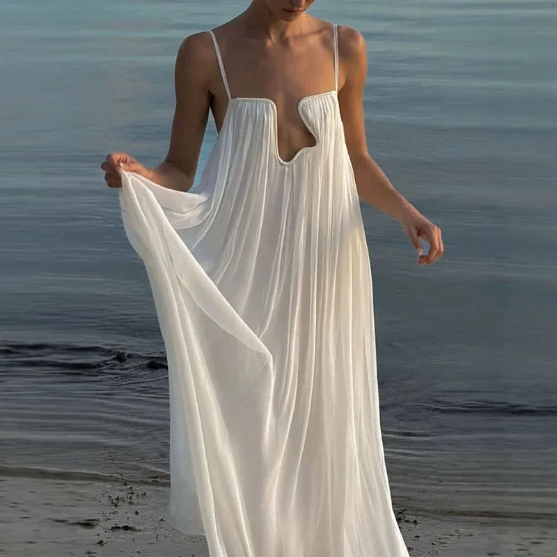 Women's Dresses 2026 Spring U Neck Metal Decor Hollow Boho Party Dress Summer Backless Solid Loose Sling Long Maxi Dress Vestido