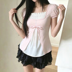 Load image into Gallery viewer, [RUOKE] Casual Y2K Contrast Color Top Women Spring Summer Square Neck Puff Sleeve Bow Slim A-line Babydoll Blouse Sweet Coquette