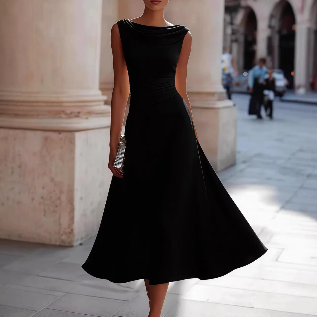 Women Draped Cowl Neck Sleeveless Waist Ruched Midi Dress Elegant Formal Wedding Guest Swing Dress