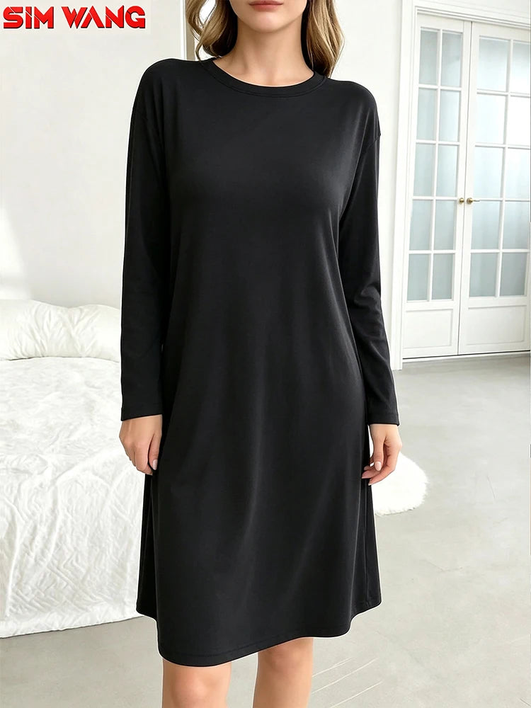 Long-Sleeved Dress for Women. Loose Round-Neck Long-Style Solid-Color Basic Home-Style Casual Dress.