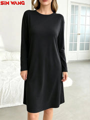Long-Sleeved Dress for Women. Loose Round-Neck Long-Style Solid-Color Basic Home-Style Casual Dress.
