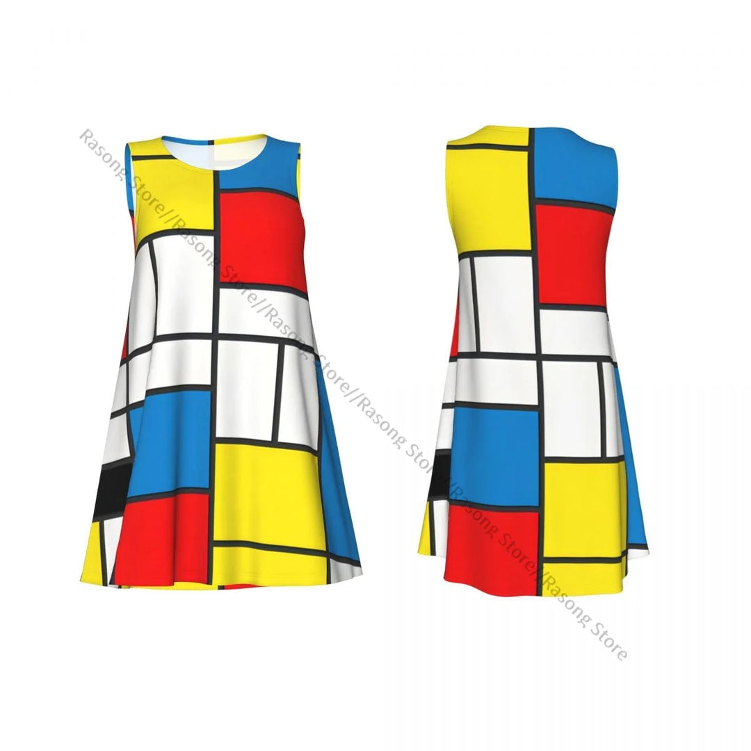 Women Clothing Dress Piet Mondrian Abstract Cubes Round Neck Sleeveless Length Dress