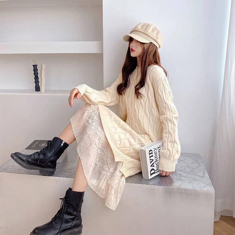 Woman Knitted Dress Pink Casual Trend Essential Cool Comfortable Clearance Sale Deals Korean Crochet Dresses For Women Splicing