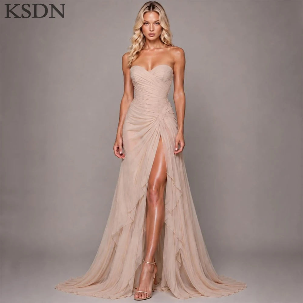 Elegant Women Evening Dresses for Women Luxury Chiffon Chapel Train Gowns Side Slit Sleeveless Wedding Long Dress Vestidos