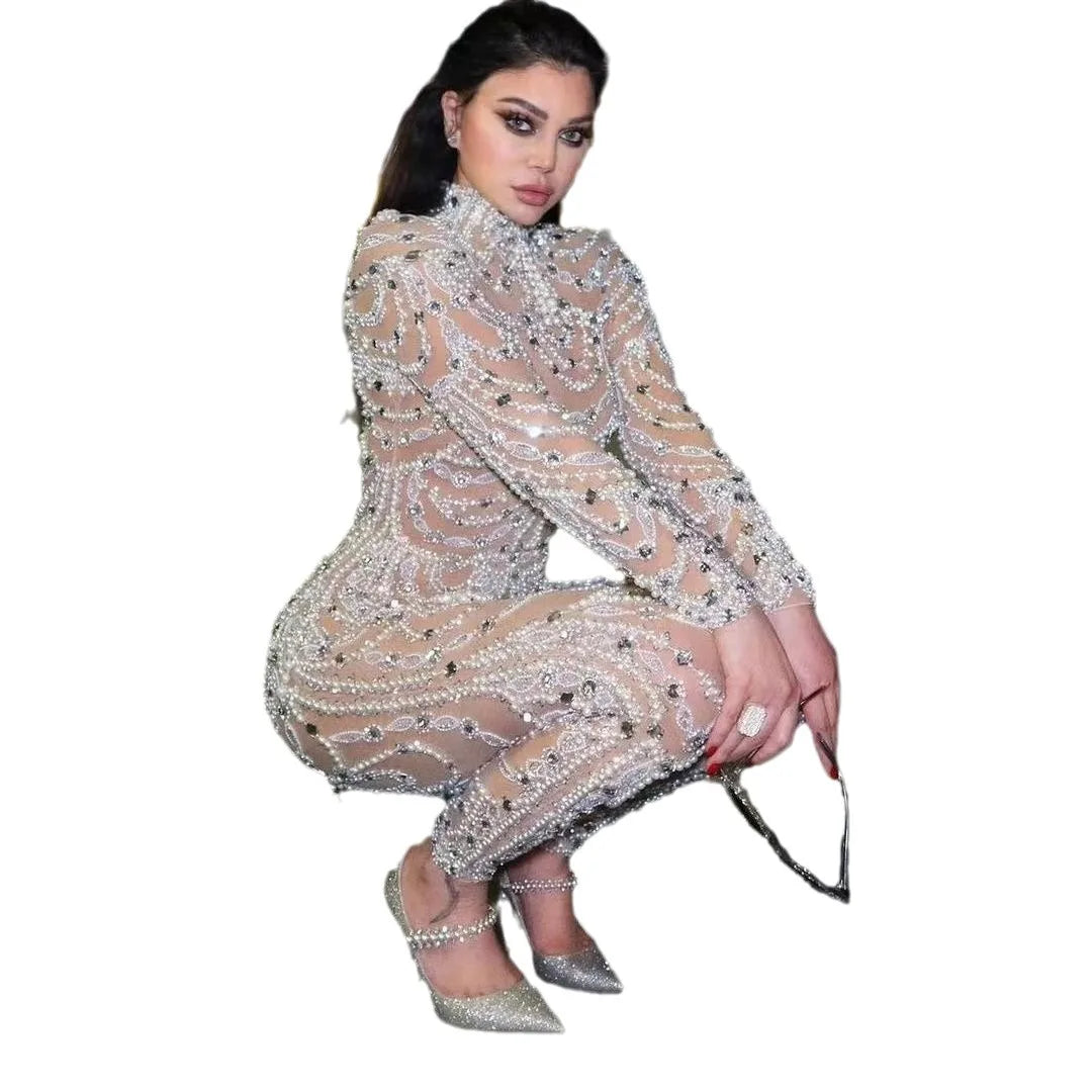 2025 new European and American women's dress is slimming and form-fitting, with see-through sequins and sexy one-piece trousers