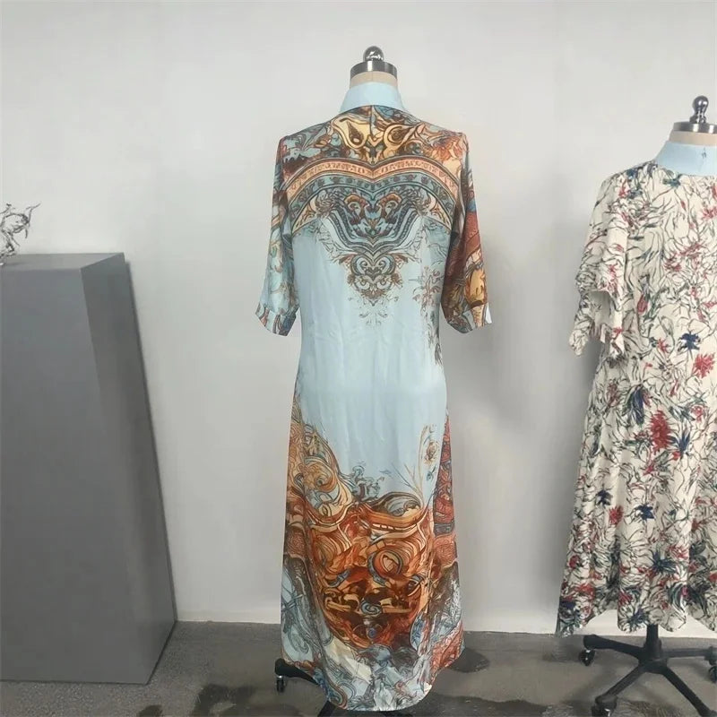 Elegant Shirt Dress For Women Chiffon Digital Print Turndown Collar Single-breasted Dresses Flowy Casual Boho Summer Clothing