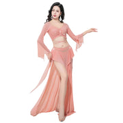 Women Adult Costumes  Horn Long Sleeve Oriental Dance Dress Sparkle Rhinestone Shine Skirt Sexy Side Split Carnival Fantasy New