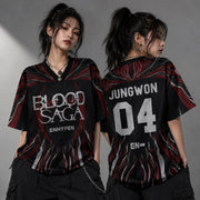 ENHYPEN NI-KI 10 Flame Mesh Jersey Tee Blood Saga Red Flame Full Print V Neck Oversized Kpop Fan Concert Breathable Street Top