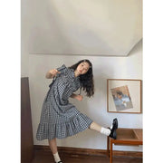 2026 Summer Dress for Women, College Style Black and Gray Design Fungus Lace Splicing Mid-length Skirt Fairy