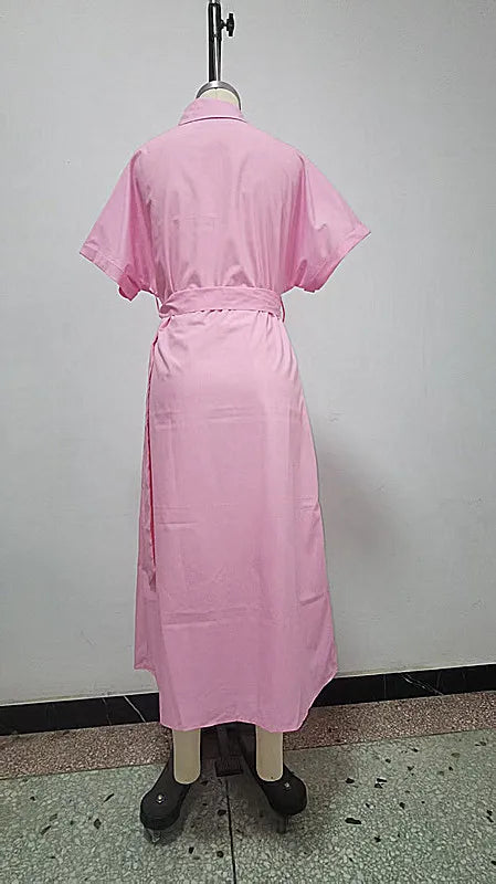 Long Dress Women Shirt Dresses Turn Down Collar Short Sleeve Belt Tight Waist A Line Vestidos Elegant Y2k Streetwear Work 2026