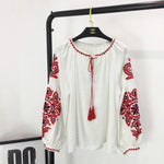 Load image into Gallery viewer, Bohemian Embroidered Dress for Women, Boho, Flower, O-Neck, Lantern Long Sleeve, High Waist, Cotton, White, Spring