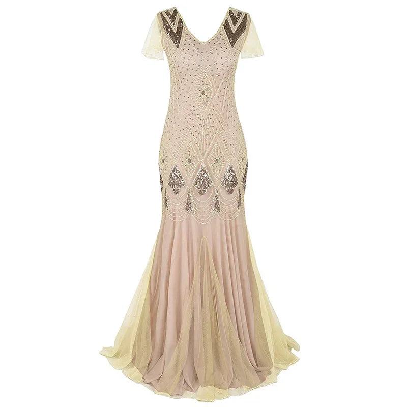 Women's Fashion 1920s Flapper Dress Vintage Great Gatsby Long Evening Prom Sequin Party Dress Women Mesh Costume