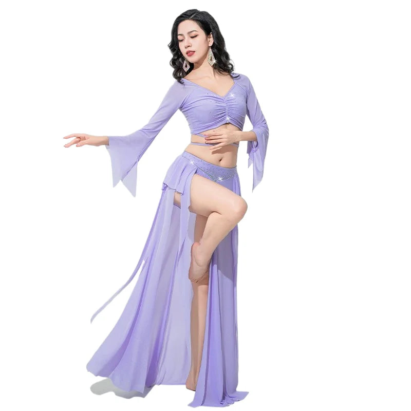 Women Adult Costumes  Horn Long Sleeve Oriental Dance Dress Sparkle Rhinestone Shine Skirt Sexy Side Split Carnival Fantasy New
