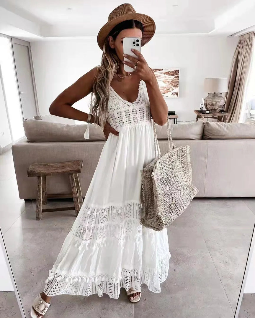 Women's Dress White Hollow Out Cotton Sundress Lace Sleeveless Long Splicing Summer Party Elegant Evening Woman Skirt Clothing