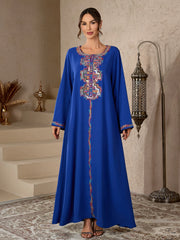 Ramadan Islamic Modest Abaya Dress for Women Ethnic Colorful Embroidery Morocco Casual Round Neck Long Robe Elegant Dubai Muslim