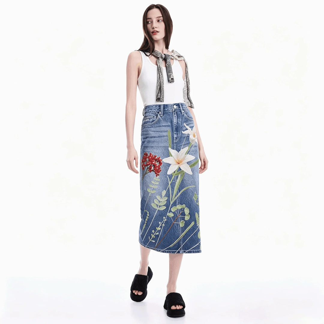 European, American and Spanish original single women's dress with printed elastic splicing light luxury long skirt new product