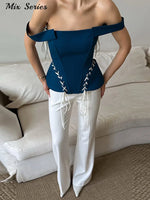Load image into Gallery viewer, Elegant Off Shoulder Blue Tube Top Women's Contrast Lace Up Waist Cinched Corset Tops 2026 Summer New Lady Fashion Streetwear