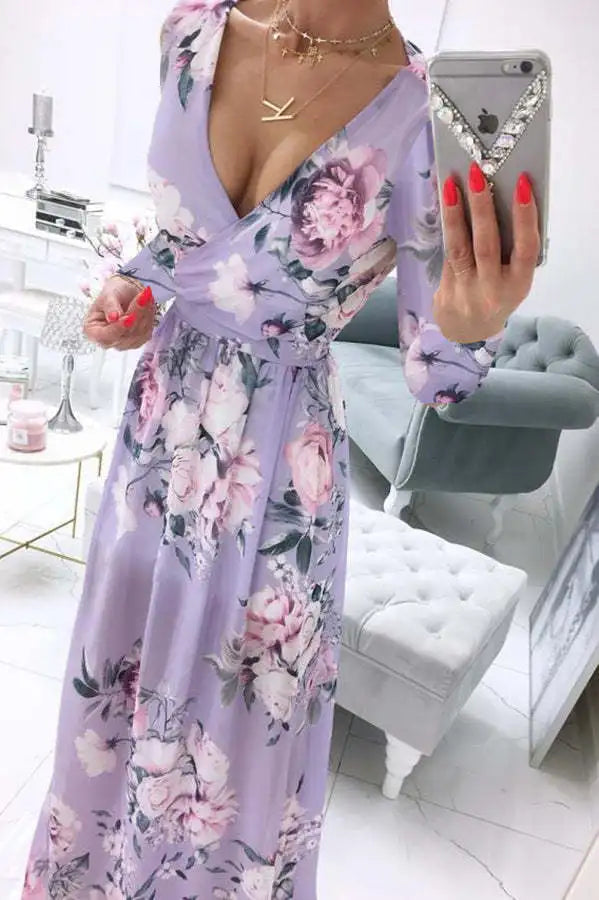 Women's Dress Summer Autumn Chiffon Slim Printed Pleated Stitching Dress Women Long Sleeve V-neck High Waist Slit Bohemian Dress