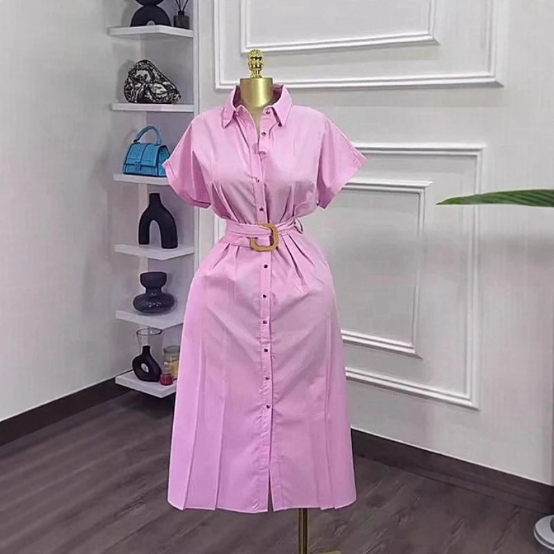 Long Dress Women Shirt Dresses Turn Down Collar Short Sleeve Belt Tight Waist A Line Vestidos Elegant Y2k Streetwear Work 2026